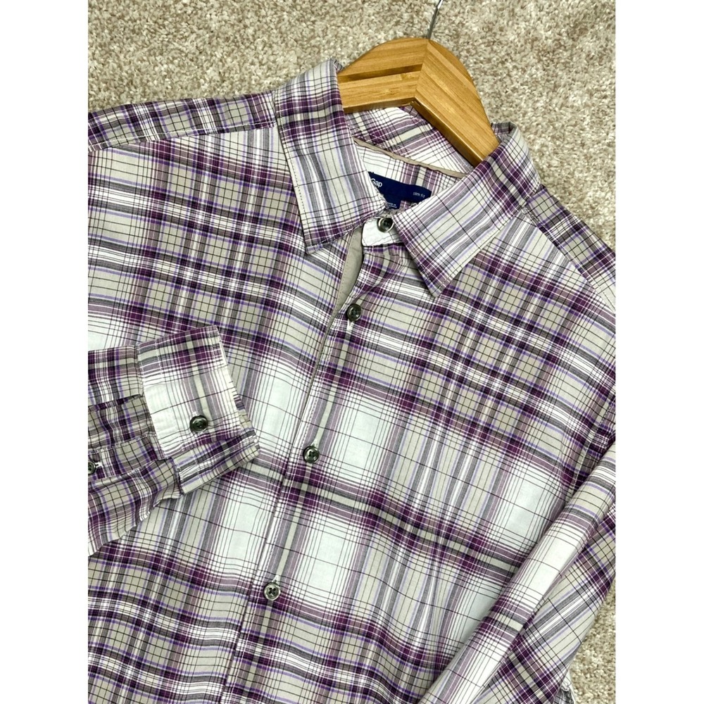 Gap Slim Fit Plaid Button Down Shirt Men M Purple White Cotton Minimalist Preppy